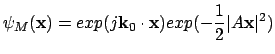 $\displaystyle \psi_M ({\bf x}) = exp (j \mathbf{k}_0 \cdot \mathbf{{\bf x}}) exp( - \frac{1}{2}\vert A {\bf x} \vert^2)$